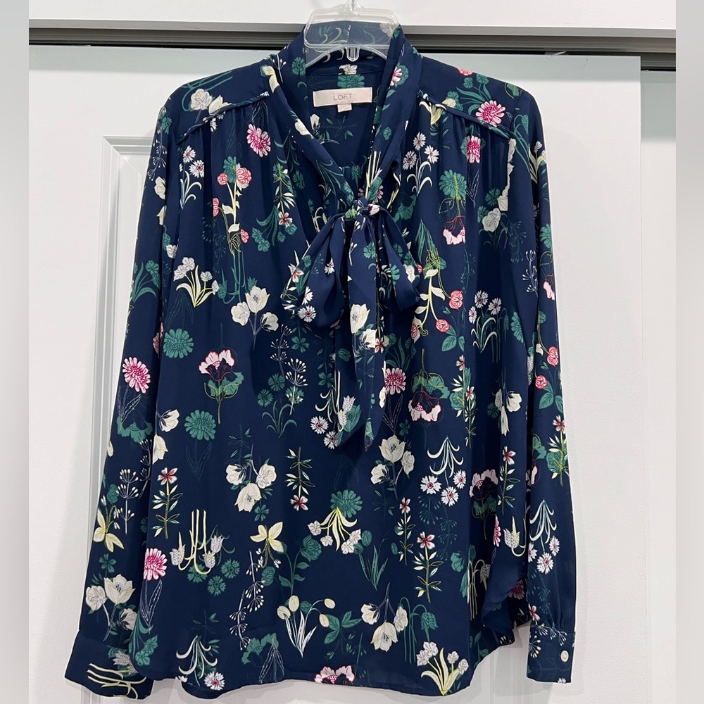 LOFT Botanical Blouse with Bow Neck, Size M